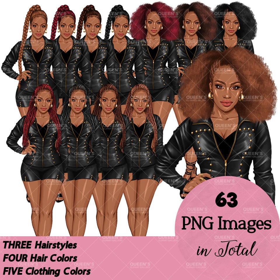 Afro woman in leather clothes, Girl boss, Lady boss, African American woman, Fashion girl clipart, Fashion illustration clipart, Curvy girl
