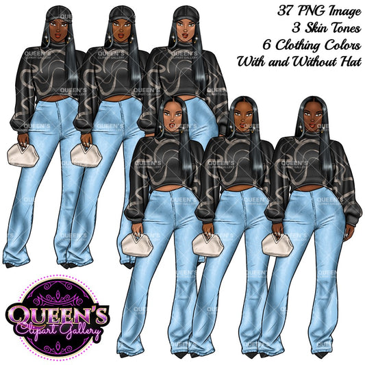 Denim girl clipart, Black girl magic, Fashion girl clipart, Black girl magic, African American woman, Afro girl clipart, Jeans girl clipart