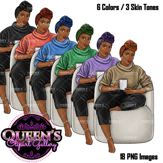 Coffee girl clipart, Curvy girl clipart, Fashion girl clipart, Cozy Clipart, Relax at home, African American clipart, Afro girl clipart