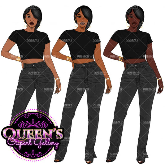 Curvy Denim Girl, Jeans Girl Clipart, Curvy girl clipart, Afro Woman clipart, Black girl magic, Fashion girl clipart, African American woman