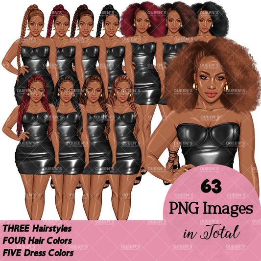 Afro woman in leather dress, Girl boss, Lady boss, African American woman, Fashion girl clipart, Fashion illustration clipart, Curvy girl