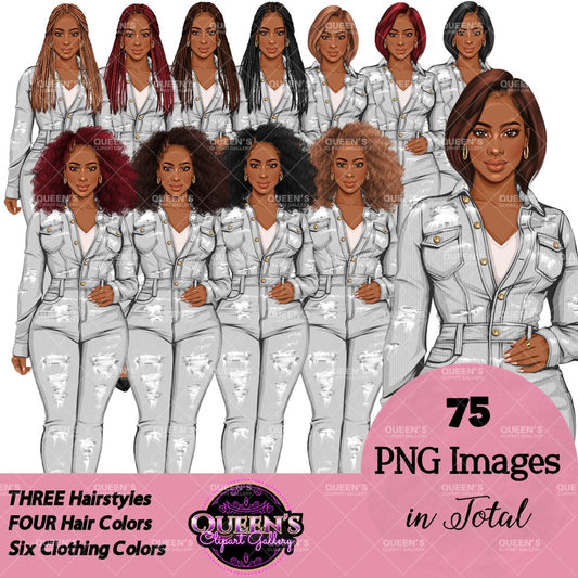 Denim Jeans Girl Clipart, Fashion Girl Clipart, Jeans Girl Clipart, Girl Boss Clipart, African American Woman in Jeans, Jeans Jacket Clipart, Boss Babe