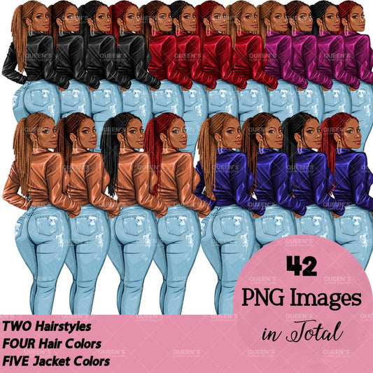 Curvy Denim Girl, Jeans Girl Clipart, Curvy girl, Woman clipart, Fashion girl clipart, Girl boss clipart, Fashion woman, Leather Jacket