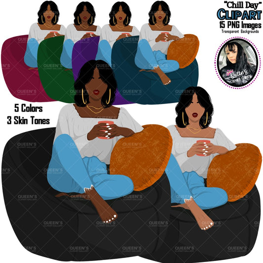 Afro woman sitting on sofa, Afro girl clipart, Black woman, Black girl magic, Fashion girl clipart, Relax at home, Coffee girl, Flat Clipart