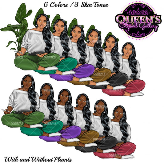 Relax at home, Fashion girl clipart, Cozy Clipart, Mindfulness clipart, African American clipart, Journal writing clipart, iPad clipart