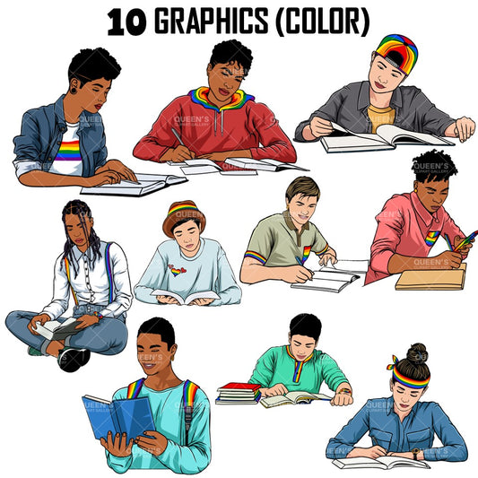 LGTBQ Teenagers Reading and Writing, LGTBQ Clipart, Rainbow Flag PNG, Pride Month Clipart, Gay Pride PNG, Lesbian, Diversity, Rainbow Clipart, Teens