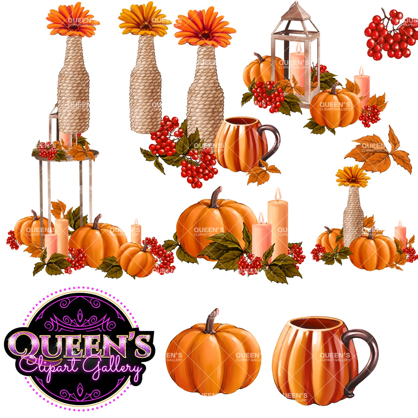Fall Elements Clipart, Fall Décor Clipart, Cozy Autumn Clipart, Pumpki ...