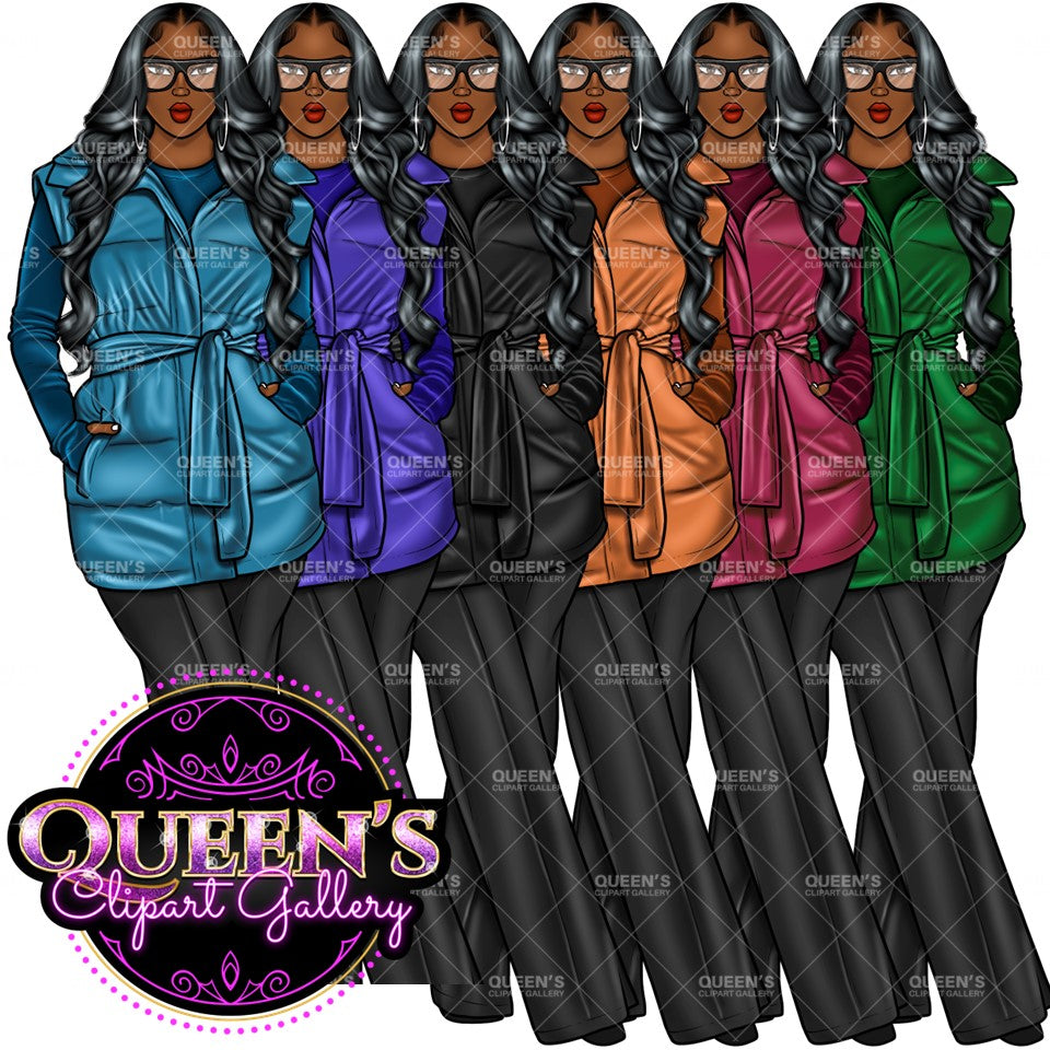 Fashion Girl Clipart, Black Girl Clipart, African American Clipart, Afro Girl Clipart, Girl Boss, Woman in Coat, Winter Clipart, Cozy wear