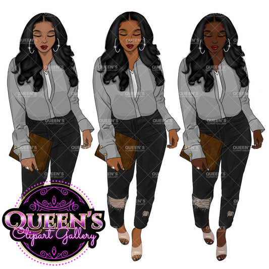 African American Woman, Fashion Girl Clipart, Curvy Denim Girl, Jeans Girl Clipart, Curvy Girl Clipart, Afro Woman Clipart, Black Girl Magic