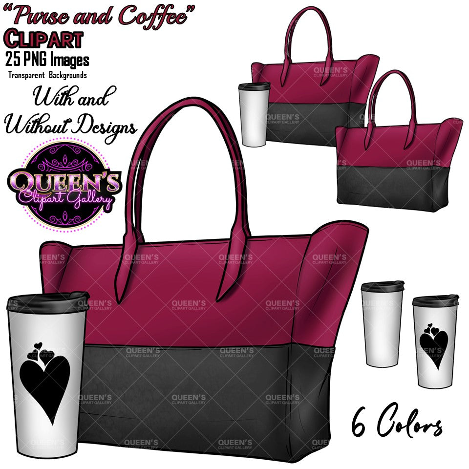 Purse and Coffee Cup Clipart, Fashion Clipart, Designer Bag, Fashion Bag Clipart, Purse Clipart, Fashion illustration, Planner Girl Clipart
