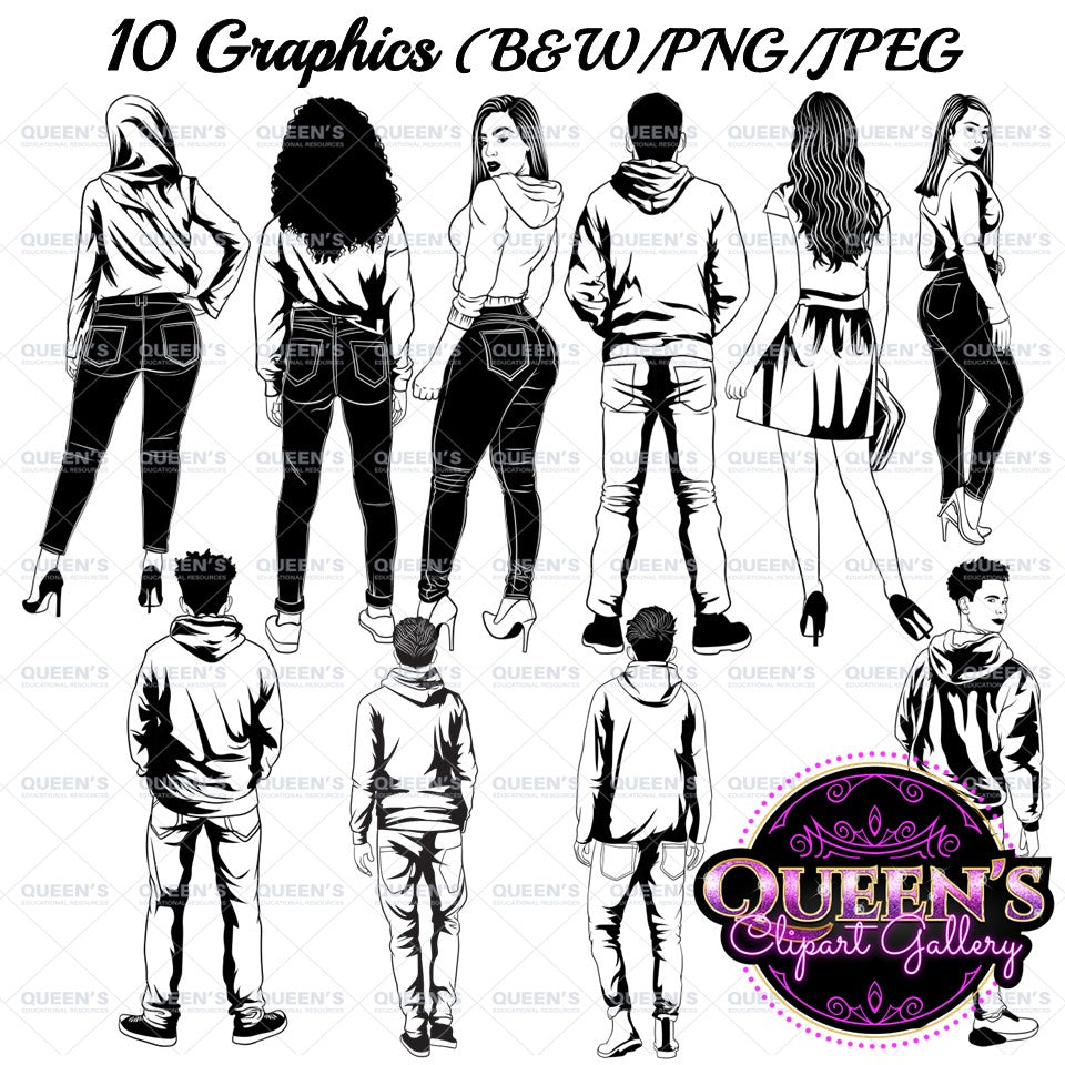 Backs Turned, Back View Clipart, Teenagers Clipart, Teen Clipart, Mature Teens Clipart, Teenagers Clipart, Back to School Clipart, Teens