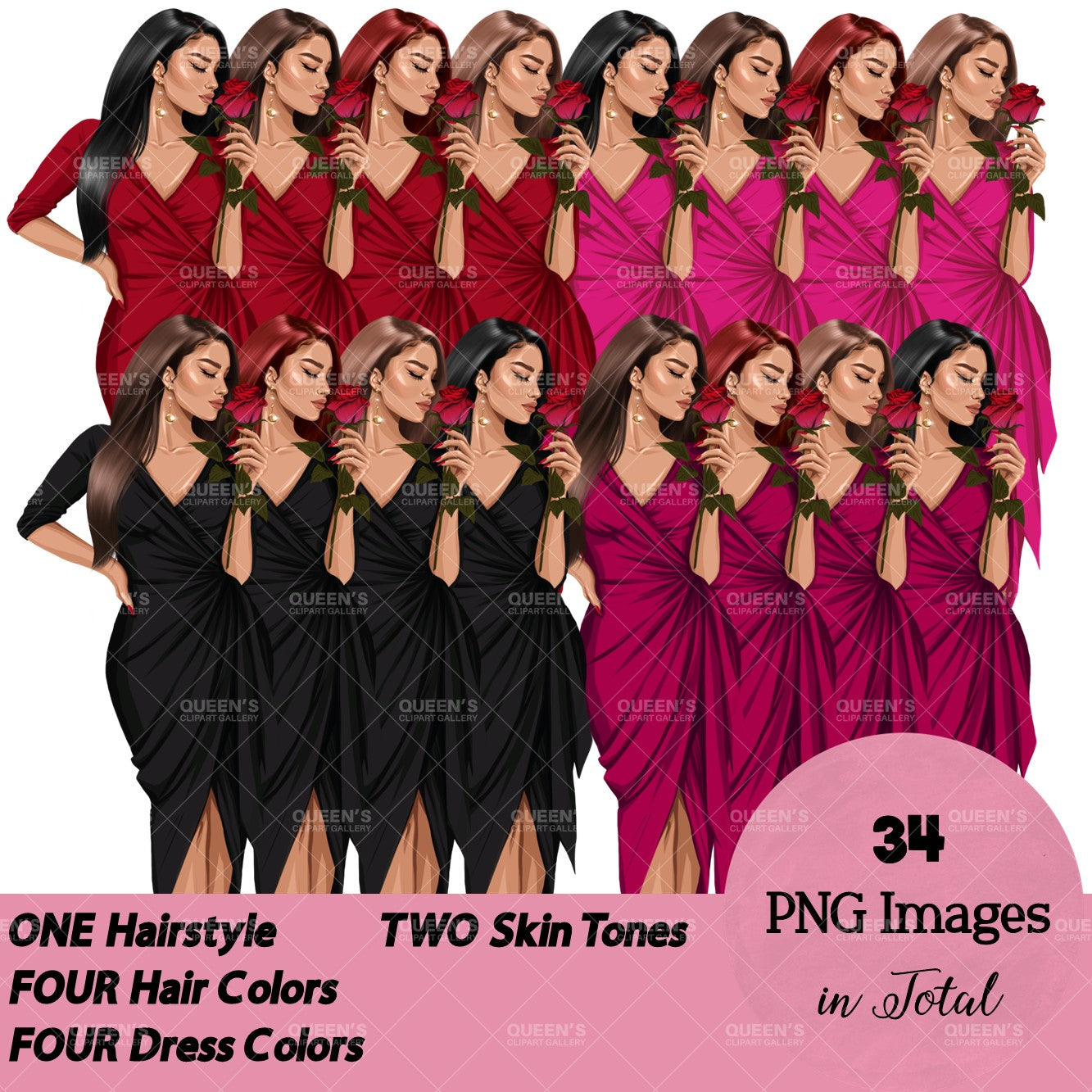 Valentine's Day Rose Afro Woman in Red Dress Clipart