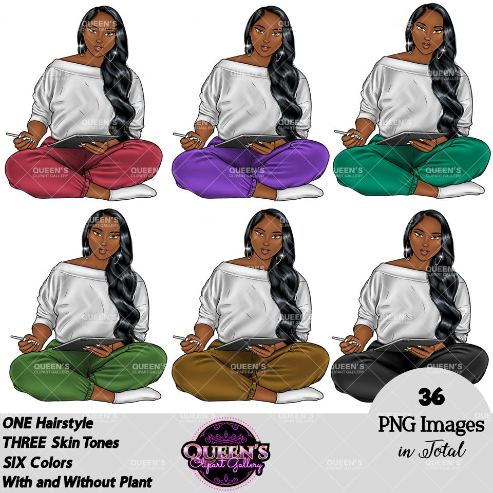 Relax at home, Fashion girl clipart, Cozy Clipart, Mindfulness clipart, African American clipart, Journal writing clipart, iPad clipart