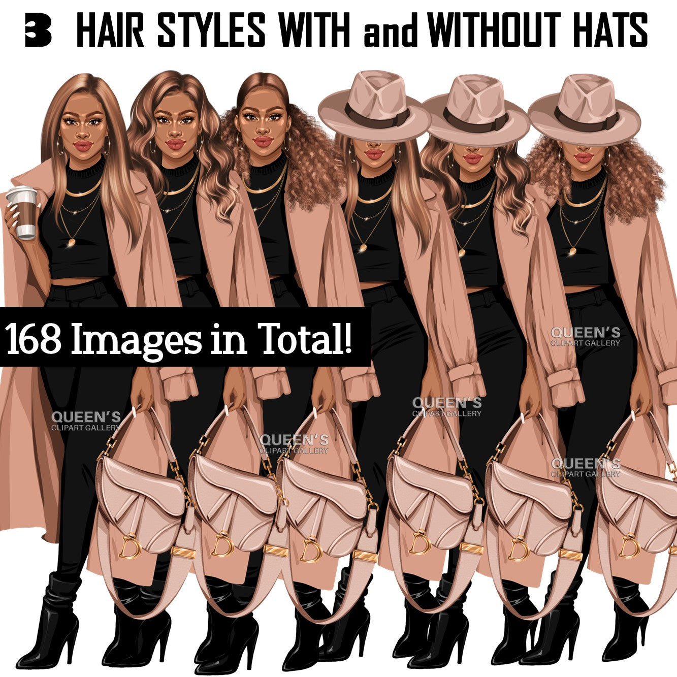 Fashion girl clipart, Black woman clipart, African American clipart, Fashion clipart, Girl boss clipart, Curvy girl, Woman in hat