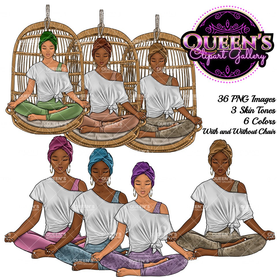 Meditation, Meditate, Relax at home, Fashion girl clipart, Cozy Clipart, Mindfulness clipart, African American clipart, Yoga girl clipart