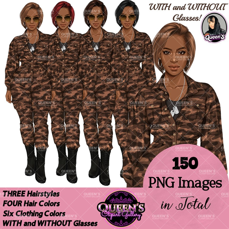 Army Clipart, Afro Military Woman Clipart, Fashion Girl Clipart, Veteran Day Clipart, Afro Female Troops, Memorial Day, Veteran, Soldier