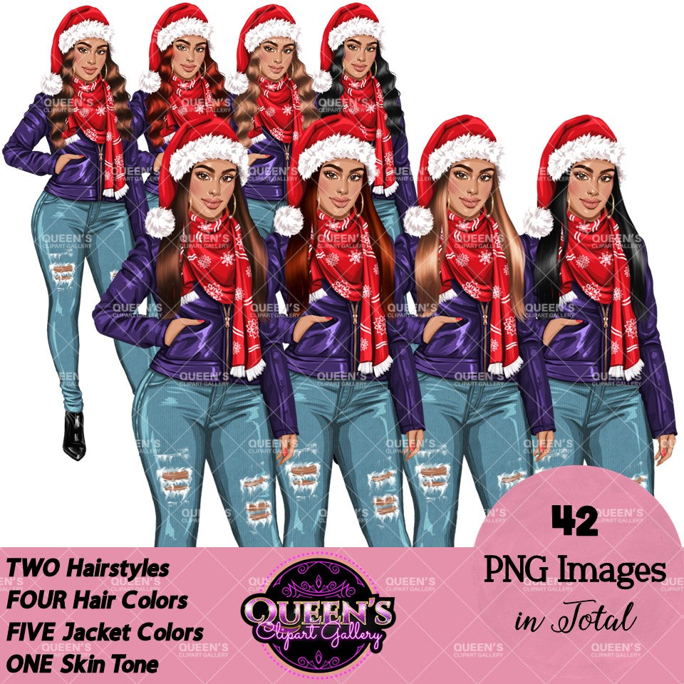 Christmas Girl Clipart, Woman in Santa Hat Clipart, Fashion Girl Clipart, Denim Jeans Girl Clipart, Winter Clipart, Girl Boss Clipart, Curvy