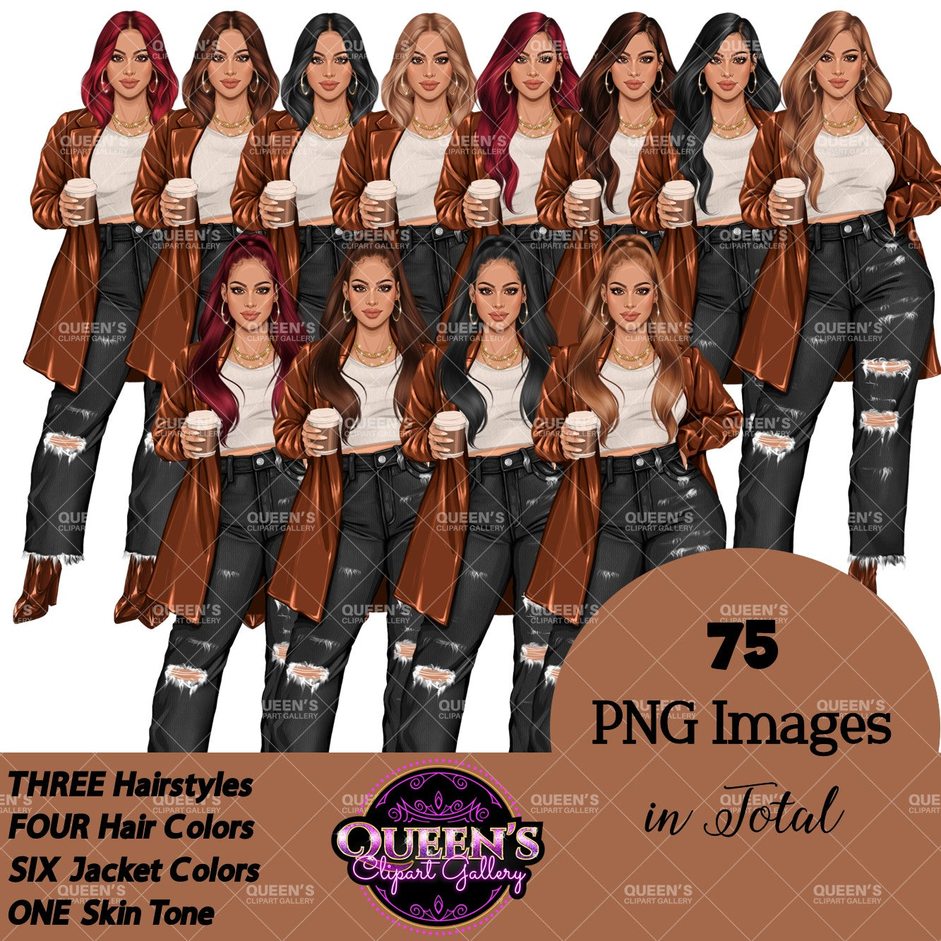 Coffee Girl Clipart, Denim Jeans Girl, Jeans Girl, Lady Boss Clipart, Fashion Girl Clipart, Jeans Girl Clipart, Woman in Leather Jacket