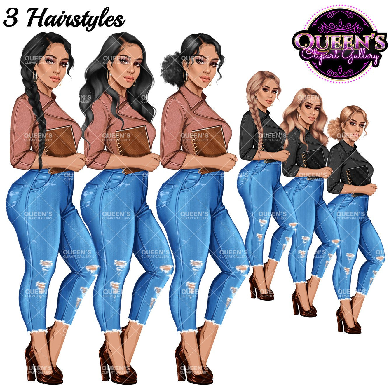 Planner girl clipart, Lady boss clipart, Curvy girl clipart, Fashion girl clipart, Jeans girl clipart, Denim jeans clipart, Girl boss, Woman