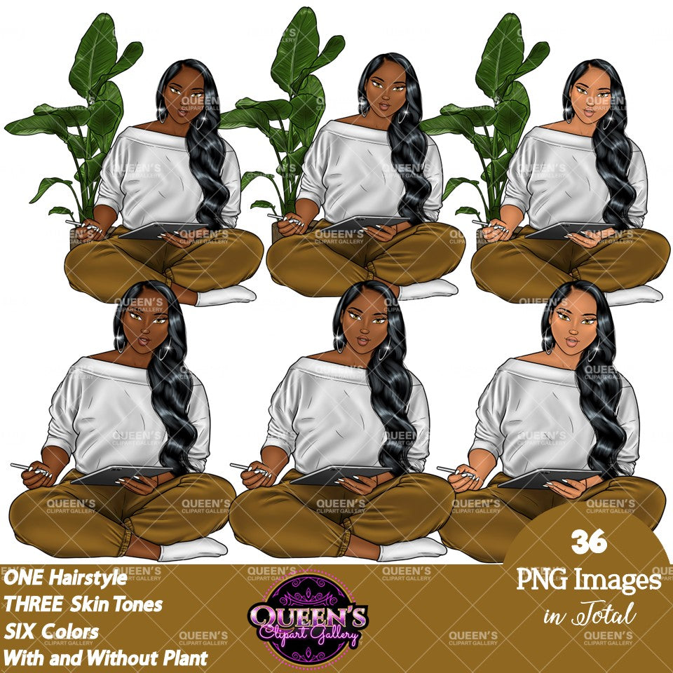 Relax at home, Fashion girl clipart, Cozy Clipart, Mindfulness clipart, African American clipart, Journal writing clipart, iPad clipart