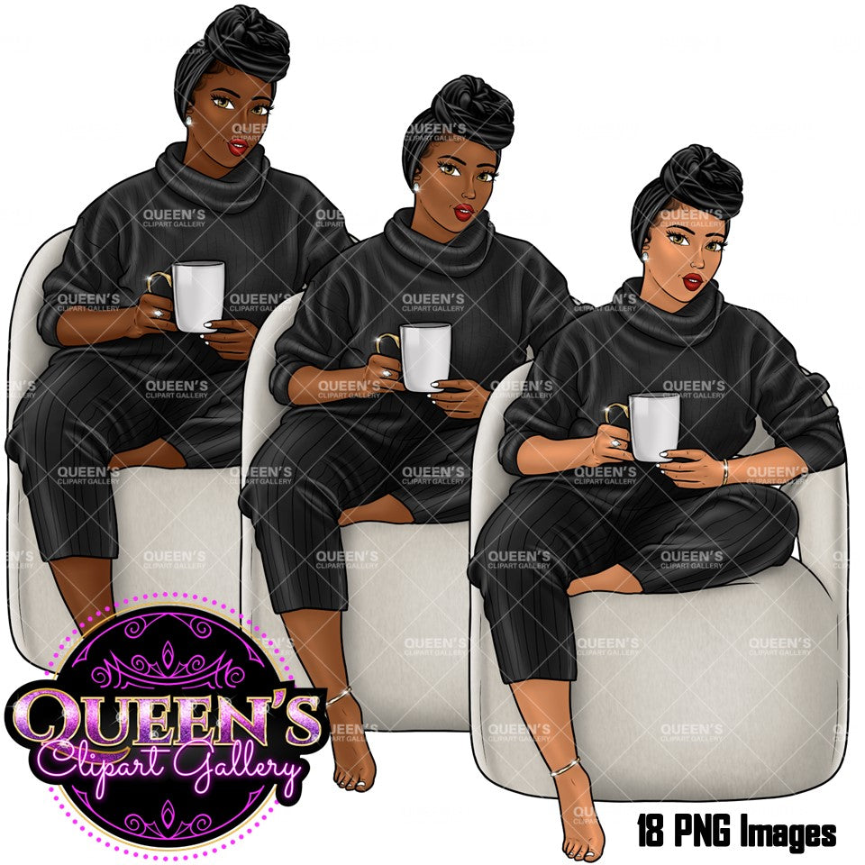 Coffee girl clipart, Curvy girl clipart, Fashion girl clipart, Cozy Clipart, Relax at home, African American clipart, Afro girl clipart