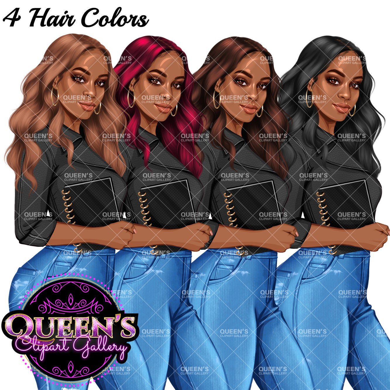Planner girl clipart, Jeans girl clipart, Afro girl clipart, Fashion girl clipart, Denim jeans girl, Black girl magic African American woman