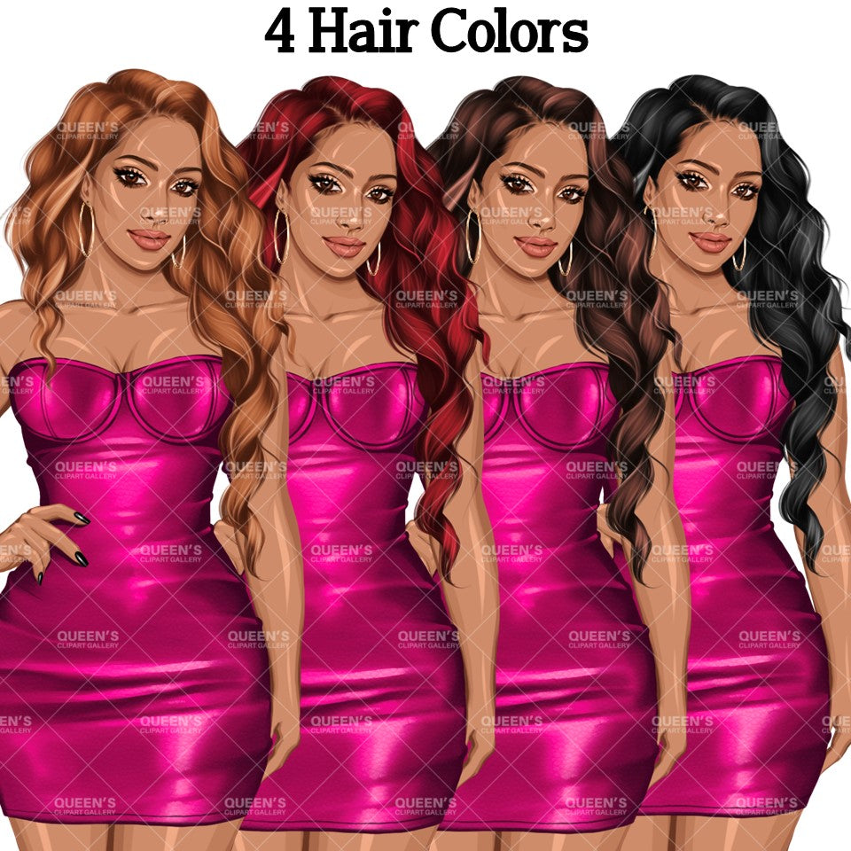 Afro woman in leather dress, Girl boss, Lady boss, African American woman, Fashion girl clipart, Fashion illustration clipart, Curvy girl