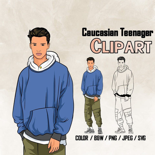 Teen Boy Clipart PNG | Caucasian Teenager Clipart | Male Student Clipart | Hoodie Boy PNG | High School Student Illustration
