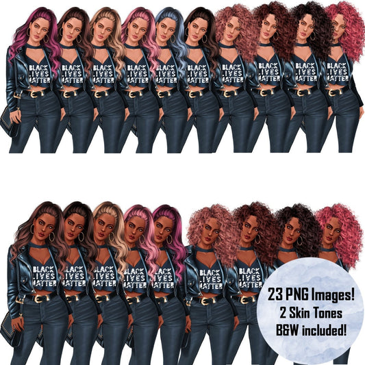 Biker Girl Clipart, Leather Jackets, Natural Hair, White Girl Clipart, Woman Clipart, African American Clipart, Fashion Girls, Curvy