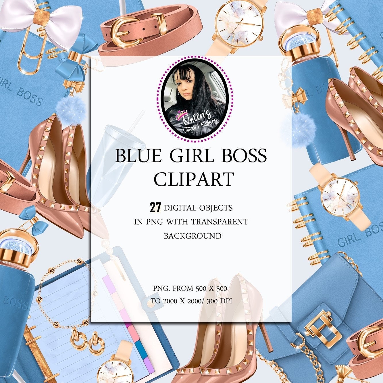 Blue Girl Boss Clipart Fashion girl clipart printable stickers Printable clipart fashion illustration clipart, clipart for planner