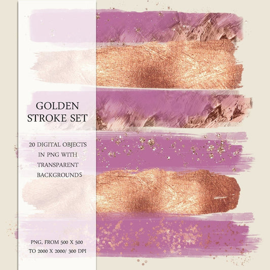 Brush Stroke Clipart, Golden Brush strokes, Brush Strokes Sublimation Design, Glam, Glitter, Hand Drawn Clipart, PNG Files, Digital Download