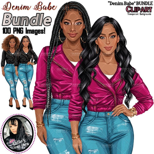 Curvy Denim Girl, Jeans Girl Clipart, Curvy girl, Afro Woman clipart, Fashion girl clipart, Girl boss clipart, Fashion woman, Leather Jacket