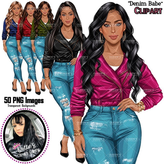 Curvy Denim Girl, Jeans Girl Clipart, Curvy girl, Afro Woman clipart, Fashion girl clipart, Girl boss clipart, Fashion woman, Leather Jacket