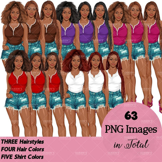 Summer girl clipart, Curvy denim girl, Jeans girl clipart, Girl in shorts, Afro girl clipart, Black girl magic, Fashion girl clipart, Girl boss, Fashion woman