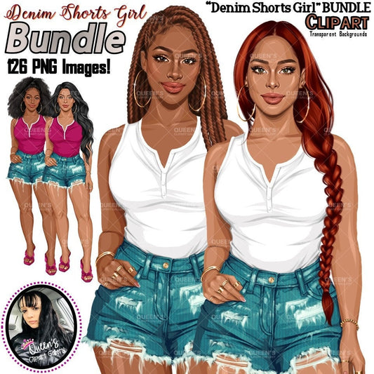 Summer girl clipart, Curvy denim girl, Jeans girl clipart, Girl in shorts, Afro girl clipart, Fashion girl clipart, Girl boss, Fashion woman