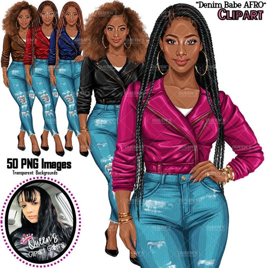 Curvy Denim Girl, Jeans Girl Clipart, Curvy girl, Afro Woman clipart, Fashion girl clipart, Girl boss clipart, Fashion woman, Leather Jacket